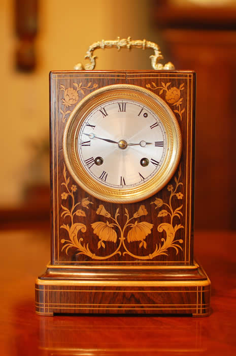 Pendule with marquetry inlay bell striking mantel clock of good proportions and quite rare escapement 