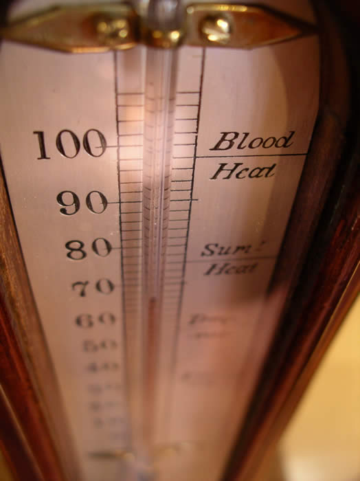 An ebony and boxwood strung , mahogany wheel Barometer with an 10" engraved and silvered dial with brass bezel and covered with a convex glass, a silvered Thermometer scale with red alcohol tube. The convex 'Butlers' mirror with ebonised reeded bezel .Below the barometer dial is the ivory knob for positioning the brass hand (Yesterdays reading) and at the bottom is a spirit level engraved with Warranted Correct . Circa 1870 