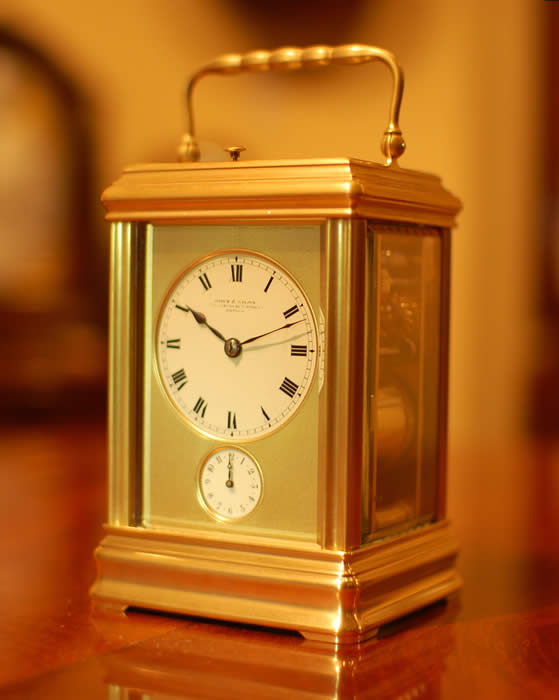 A superb 'Grande Sonnerie' carriage clock in a satin gilt , gorge case with a masked dial and push repeat with alarm  . This clock has been fully restored , dismantled , serviced and regulated . Birch and Gaydon of  172 Fenchurch street , London and were at this address from 1874 to 1905. They were retailers and makers of fine small clocks , watches and Jewelry and were later bought out by Asprey who still own the name Birch and Gaydon . The clock is stamped for Drocourt with the oval DC . Alfred the son of Pierre Drocourt took over the business in the 1870's , they had won several medals at the Paris exhibitions - Bronze 1867 , Silver 1868 and the Gold medal in 1889 .This fine clock also retains the large silvered platform and jeweled lever escapement . 