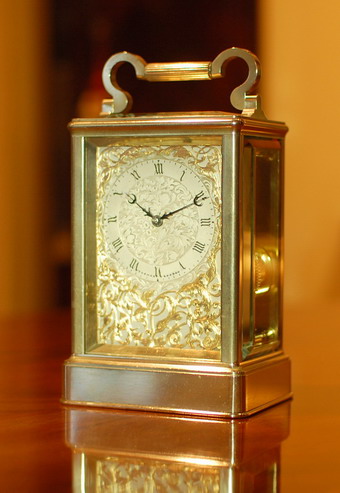 British Carriage clock in Nickel plate with unusual Two bell striking 