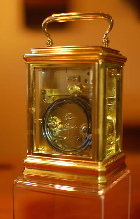 A good sized , well proportioned , gilt cannalee cased , Petite sonnerie carriage clock with silvered dial mask in very original condition with a large top glass to view the original Bi-metallic , jewelled lever escapement . Gong striking on the Hour and as with Petite Sonnerie you also have the quarter , half and three-quarter strike on two gongs . The movement is completely original and serviced , cleaned and polished and sold with a full 12 month guarantee . The extra thick , white bevelled glasses are all in superb condition . The dial showing Roman numerals with the retailers name Tiffany & Co and the blued steel Breguet hands . Push repeat , Grande sonnerie on demand . Circa 1905-10 .