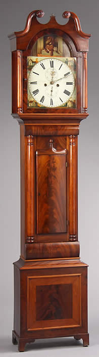 A Scottish flame mahogany longcase clock with classic 'Belly door'ï¿½and cushion mouldingï¿½above , The hood , with turned mahogany columns and a swan neck pediment , the Panelled base has single plinth with Bracket feet . The Painted dial is in superb condition and has a painting of two dogs to the arch , one a Spaniel the other a Terrior . The movement is of good qualityï¿½and strikes the Hour on a bell and runs for a week on a single wind . Charles Howden is Listed in Watch and Clockmakers of the World by B.Loomes - working 1860 . This clock dates Circa 1850. Check out the Youtube video for this clock on our Channel. 